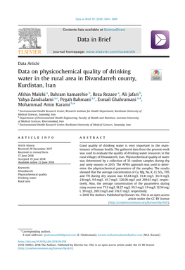 Data on Physicochemical Quality of Drinking Water in the Rural Area in Divandarreh County, Kurdistan, Iran