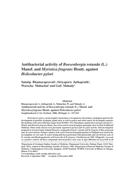 Mansf. and Myristica Fragrans Houtt. Against Helicobacter Pylori