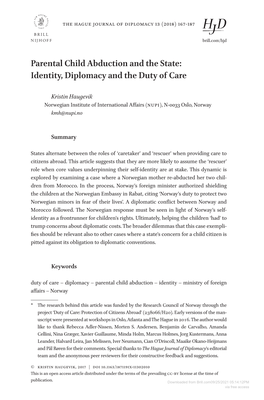 Parental Child Abduction and the State: Identity, Diplomacy and the Duty of Care