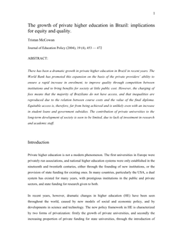 The Growth of Private Higher Education in Brazil: Implications for Equity and Quality