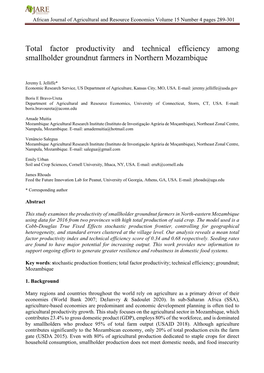Total Factor Productivity and Technical Efficiency Among Smallholder Groundnut Farmers in Northern Mozambique