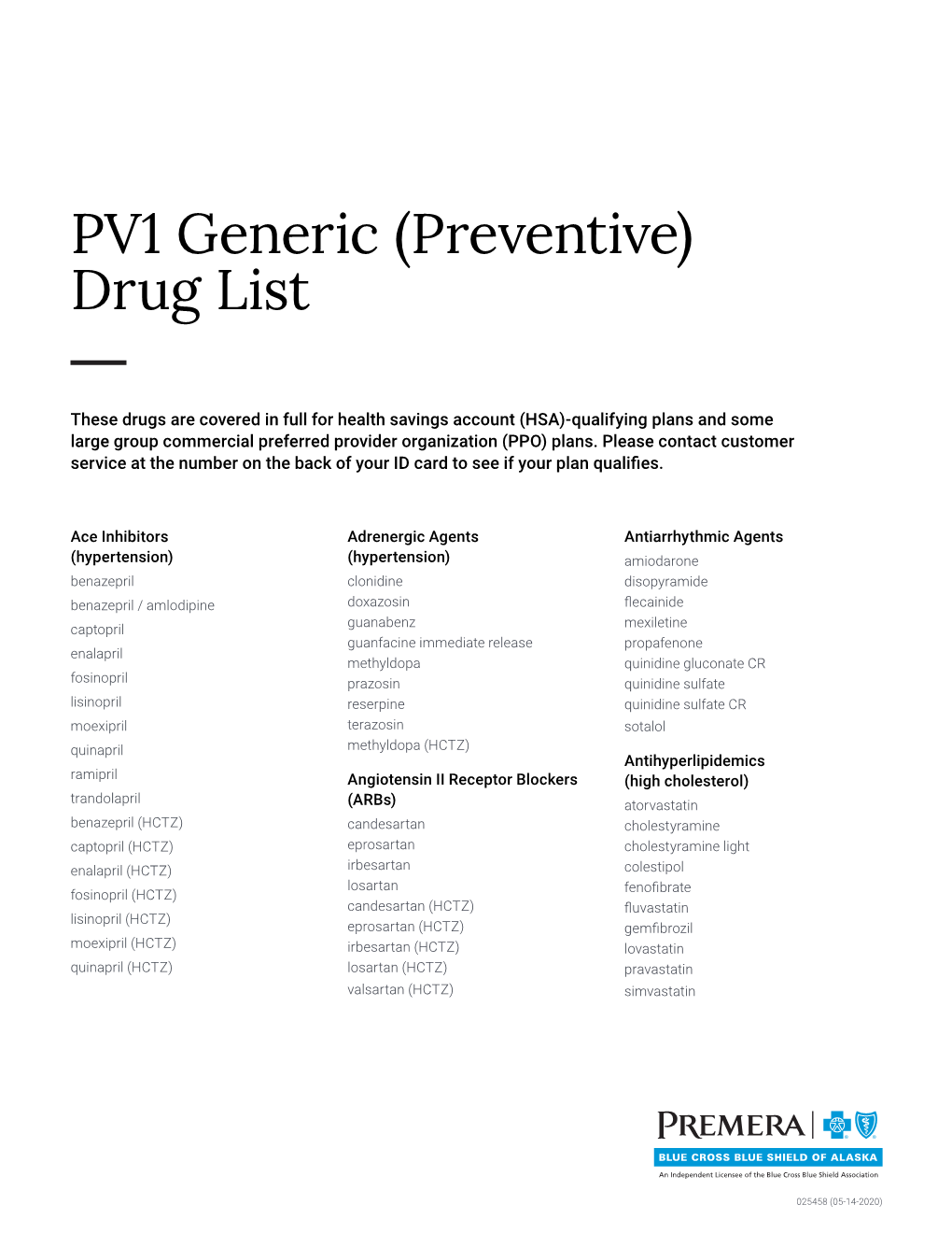 PV1 Generic Preventive Drug List