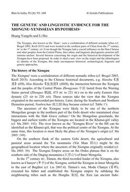 THE GENETIC and LINGUISTIC EVIDENCE for the XIONGNU-YENISSEIAN HYPOTHESIS1 Huang Yungzhi and Li Hui