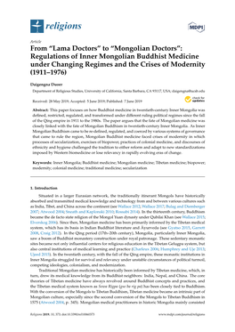 From “Lama Doctors” to “Mongolian Doctors”: Regulations of Inner Mongolian Buddhist Medicine Under Changing Regimes and the Crises of Modernity (1911–1976)