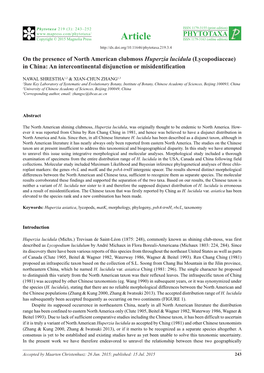On the Presence of North American Clubmoss Huperzia Lucidula (Lycopodiaceae) in China: an Intercontinental Disjunction Or Misidentification