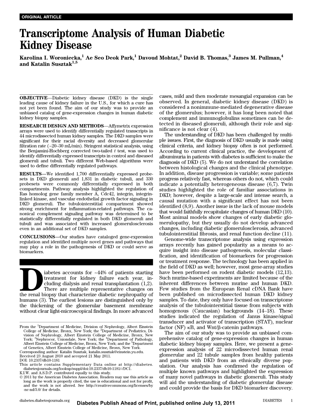 Transcriptome Analysis of Human Diabetic Kidney Disease