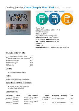 Cowboy Junkies 'Cause Cheap Is How I Feel Mp3, Flac, Wma