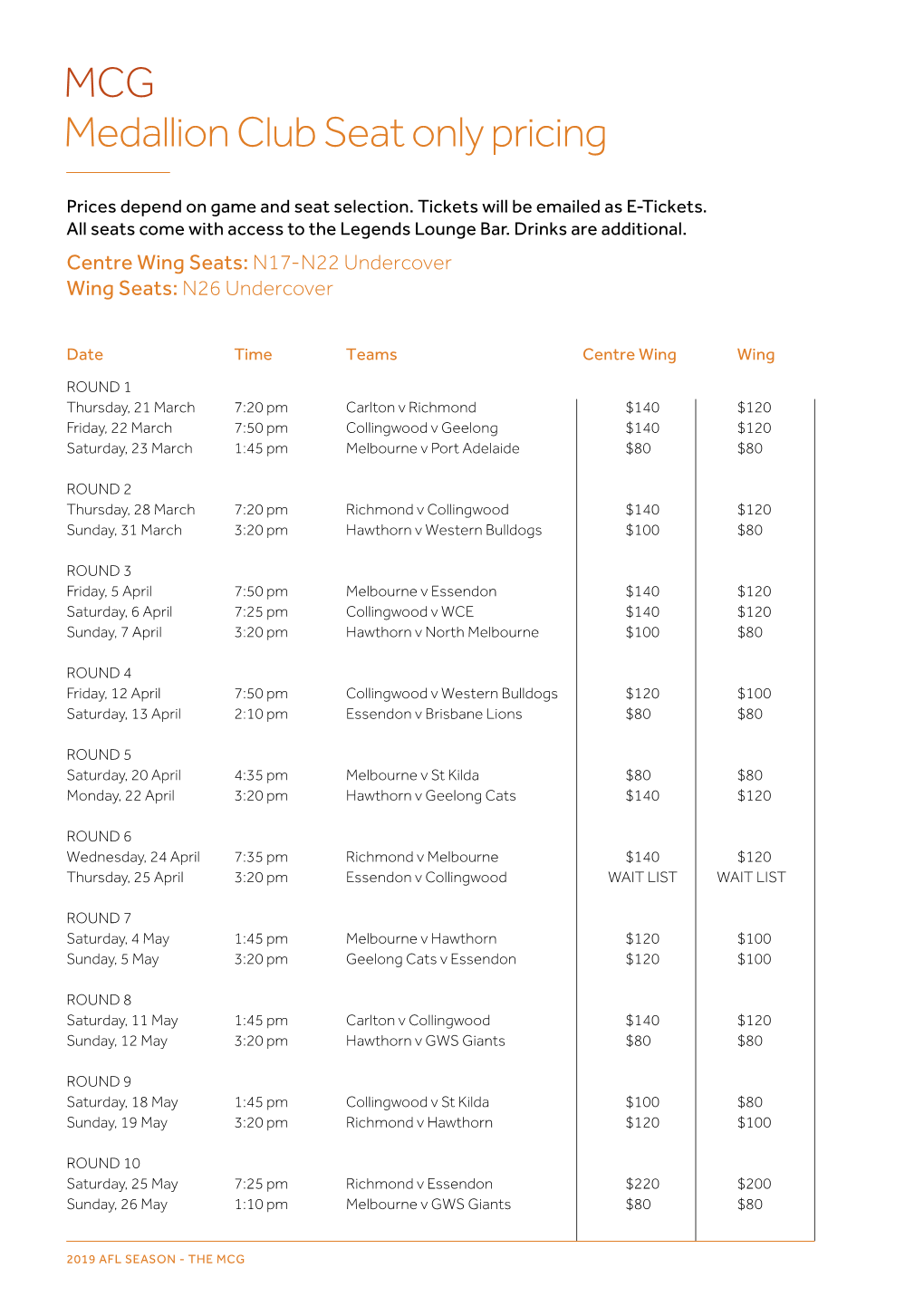 MCG Medallion Club Seat Only Pricing