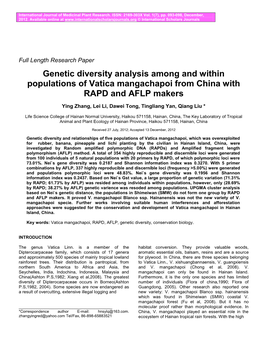 Genetic Diversity Analysis Among and Within Populations of Vatica Mangachapoi from China with RAPD and AFLP Makers