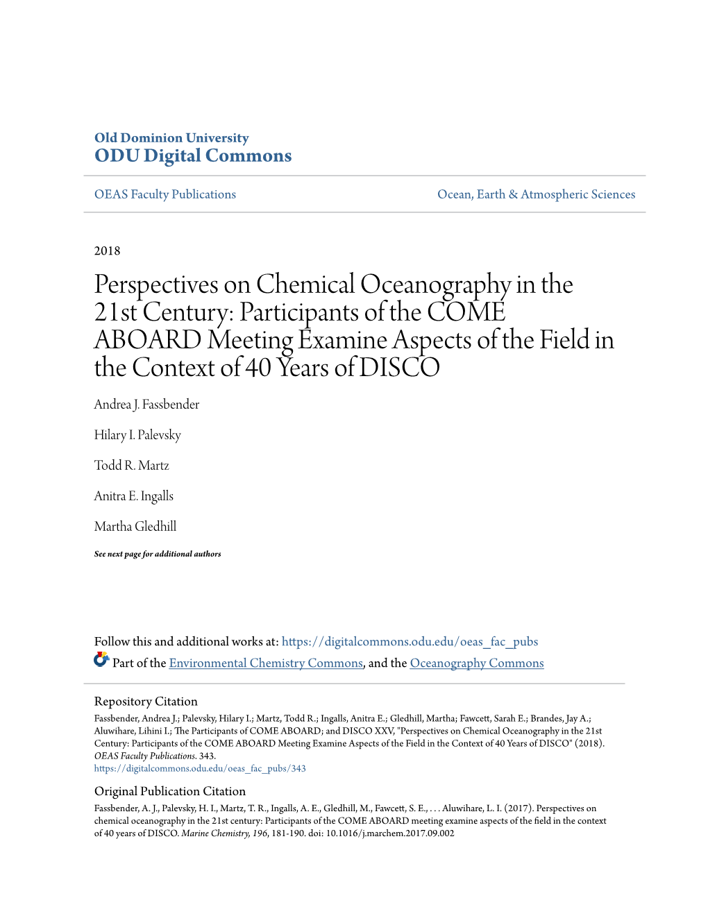 Perspectives on Chemical Oceanography in the 21St Century