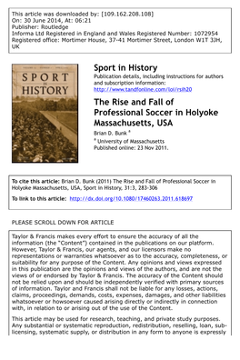 Sport in History the Rise and Fall of Professional Soccer in Holyoke