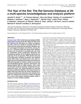 The Rat Genome Database at 20: a Multi-Species Knowledgebase and Analysis Platform Jennifer R