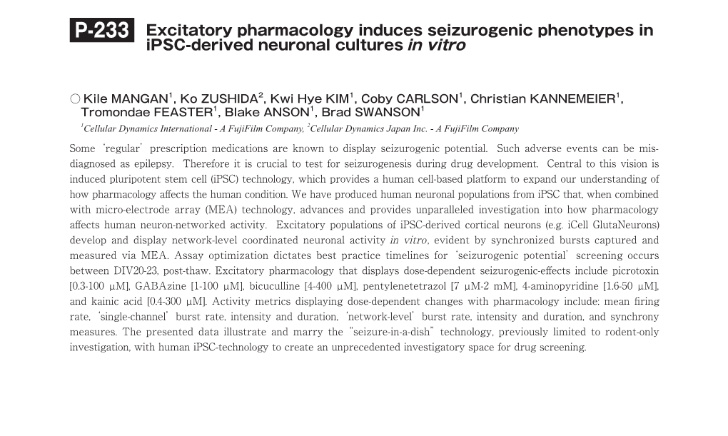 Excitatory Pharmacology Induces Seizurogenic Phenotypes in Ipsc-Derived Neuronal Cultures in Vitro
