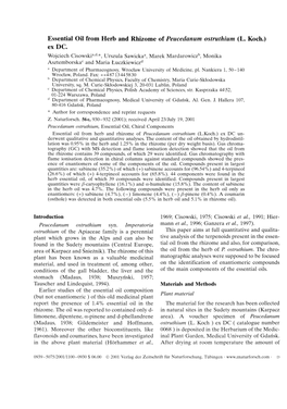 Essential Oil from Herb and Rhizome of Peucedanum Ostruthium (L. Koch.) Ex DC