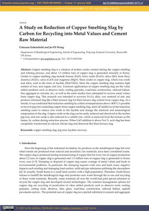 A Study on Reduction of Copper Smelting Slag by Carbon for Recycling Into Metal Values and Cement Raw Material