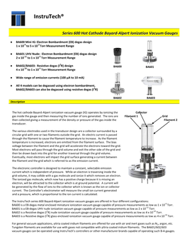 Series 600 Hot Cathode Bayard-Alpert Ionization Vacuum Gauges