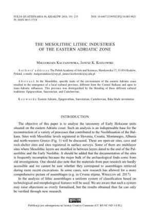 The Mesolithic Lithic Industries of the Eastern Adriatic Zone