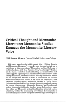 Literature: Mennonite Studies Engages the Mennonite Literary Voice