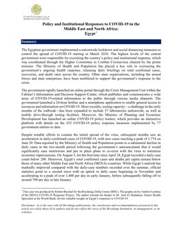 Policy and Institutional Responses to COVID-19 in the Middle East and North Africa: Egypt *