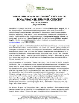 SCHWABACHER SUMMER CONCERT July 5 in San Francisco July 7 in Palo Alto