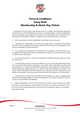 Terms & Conditions Jersey Reds Membership & Match Day Tickets