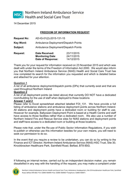 2015-131-15 Key Word: Ambulance Deployment/Dispatch Points Subject: Ambulance Deployment/Dispatch Points