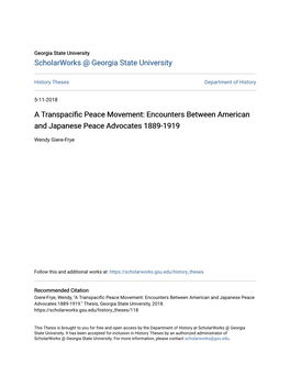 A Transpacific Peace Movement: Encounters Between American and Japanese Peace Advocates 1889-1919