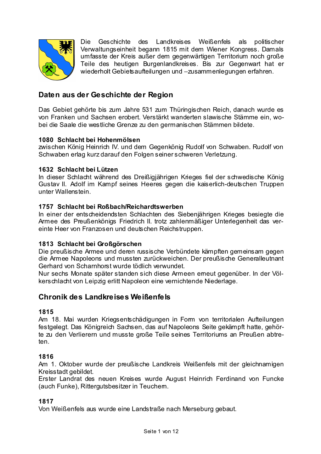 Daten Aus Der Geschichte Der Region Chronik Des Landkreises Weißenfels