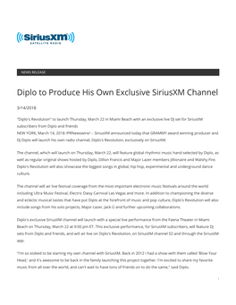 Diplo to Produce His Own Exclusive Siriusxm Channel