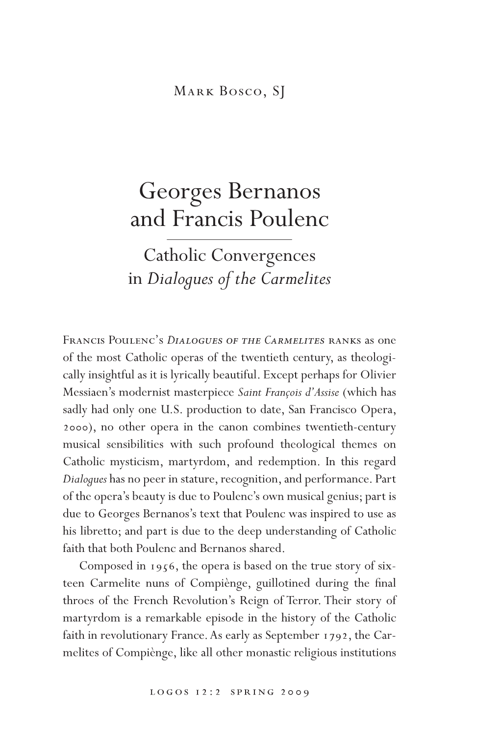 Georges Bernanos and Francis Poulenc Catholic Convergences in Dialogues of the Carmelites