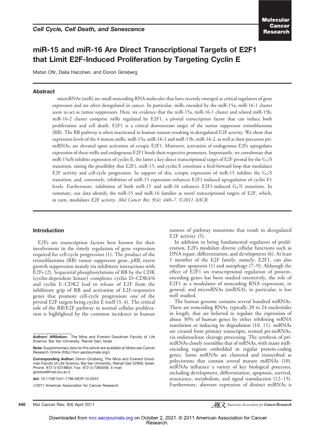 Mir-15 and Mir-16 Are Direct Transcriptional Targets of E2F1 That Limit E2F-Induced Proliferation by Targeting Cyclin E