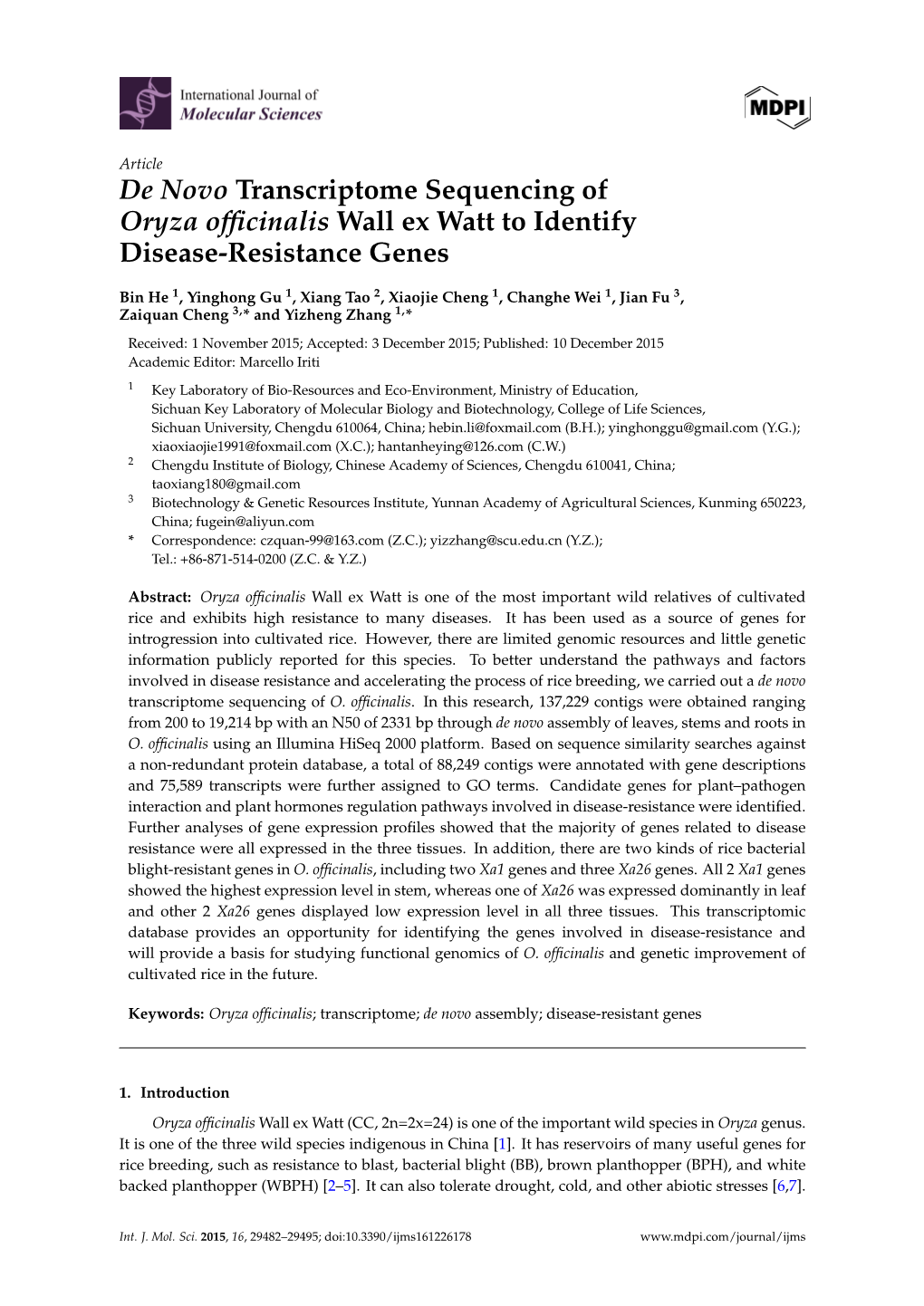 De Novo Transcriptome Sequencing of Oryza Officinalis Wall Ex Watt To