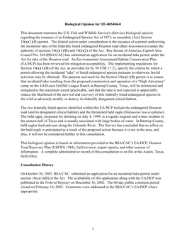 Biological Opinion Regarding the Issuance of an Endangered Species Act of 1973, As Amended, (Act) Section 10(A)(1)(B) Permit