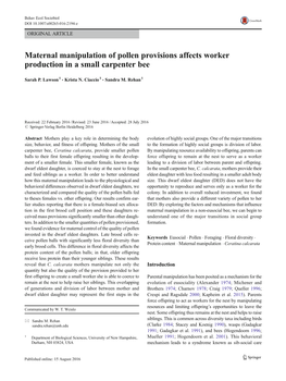 Maternal Manipulation of Pollen Provisions Affects Worker Production in a Small Carpenter Bee