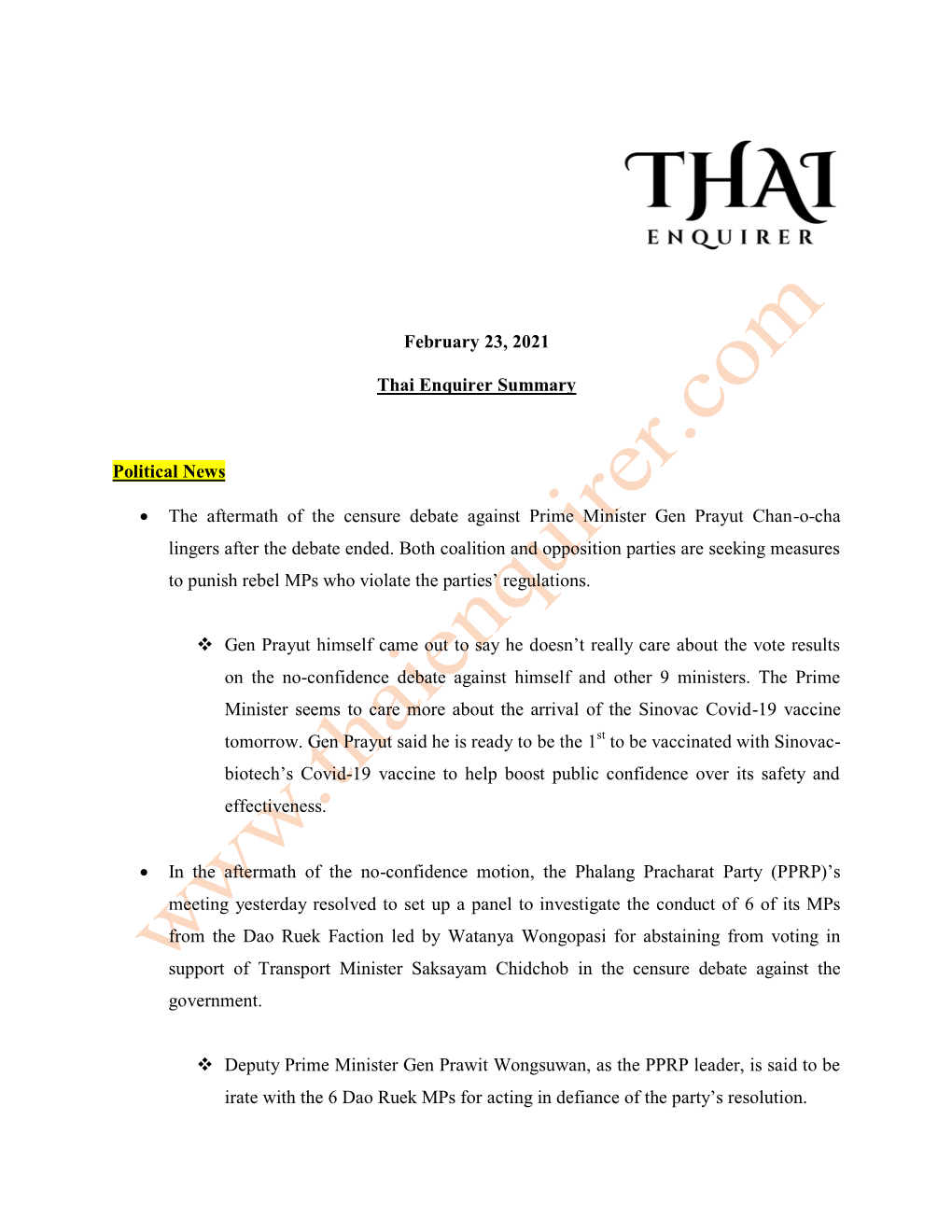 February 23, 2021 Thai Enquirer Summary Political News • The