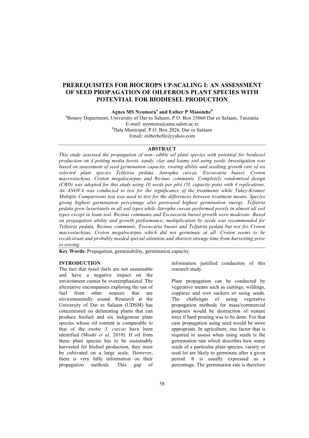 An Assessment of Seed Propagation of Oilferous Plant Species with Potential for Biodiesel Production