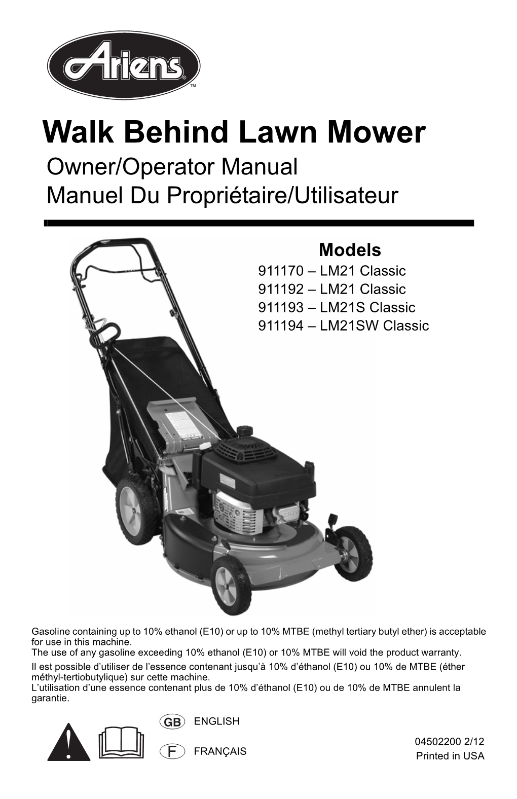Walk Behind Lawn Mower Owner/Operator Manual Manuel Du Propriétaire/Utilisateur