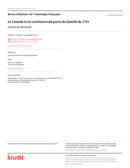 Le Canada Et La Conclusion Du Pacte De Famille De 1761 Claude De Bonnault
