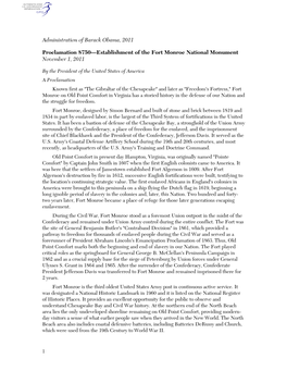 Administration of Barack Obama, 2011 Proclamation 8750—Establishment of the Fort Monroe National Monument November 1, 2011