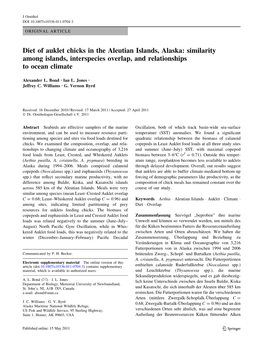 Diet of Auklet Chicks in the Aleutian Islands, Alaska: Similarity Among Islands, Interspecies Overlap, and Relationships to Ocean Climate