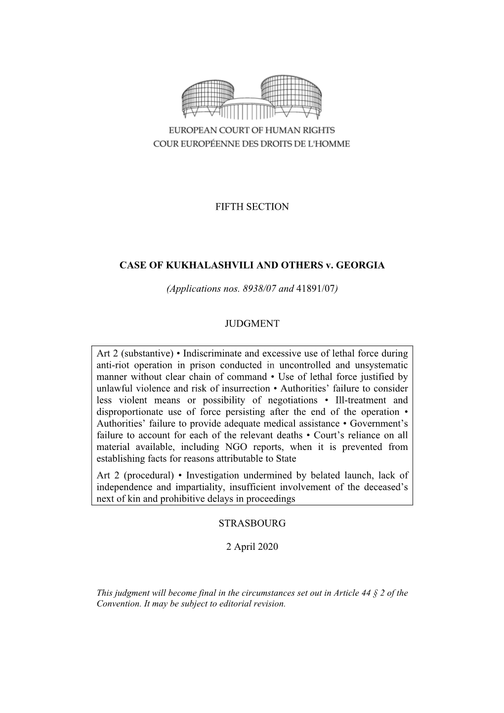 FIFTH SECTION CASE of KUKHALASHVILI and OTHERS V