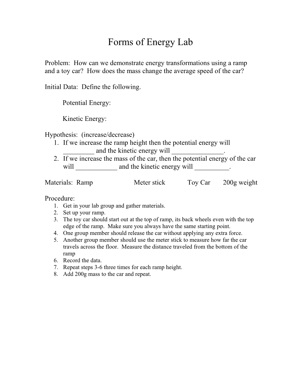 Forms of Energy Lab