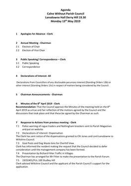 Agenda Calne Without Parish Council Lansdowne Hall Derry Hill 19.30 Monday 13Th May 2019