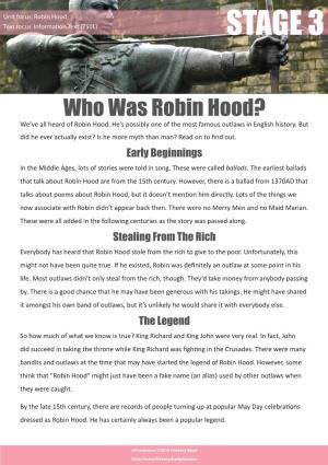 Robin Hood Text Focus: Information Text (750L) STAGE 3