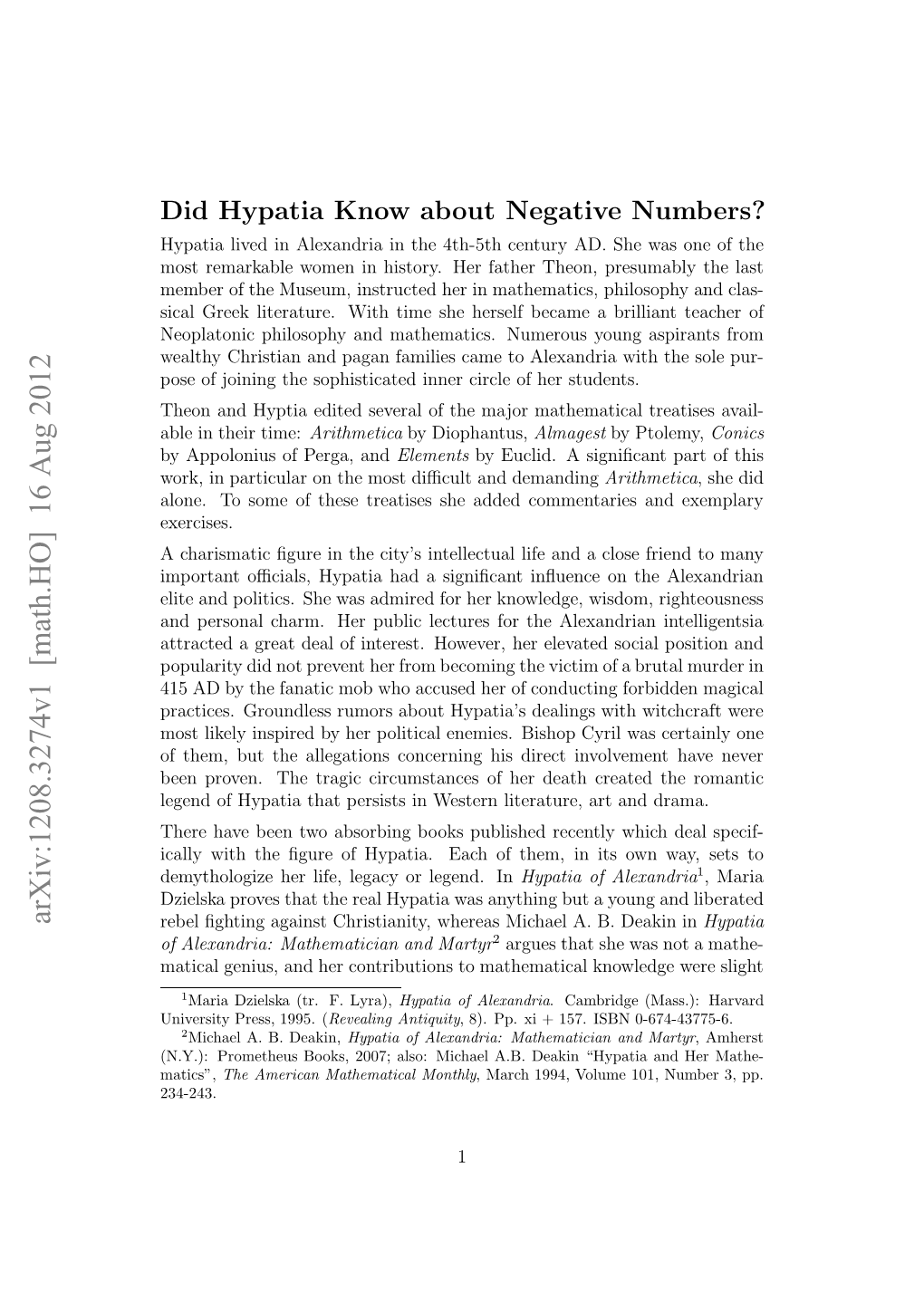 Did Hypatia Know About Negative Numbers?