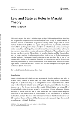Law and State As Holes in Marxist Theory Mike Macnair