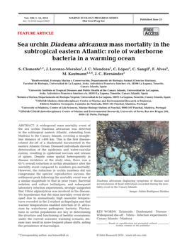 Sea Urchin Diadema Africanum Mass Mortality in the Subtropical Eastern Atlantic: Role of Waterborne Bacteria in a Warming Ocean