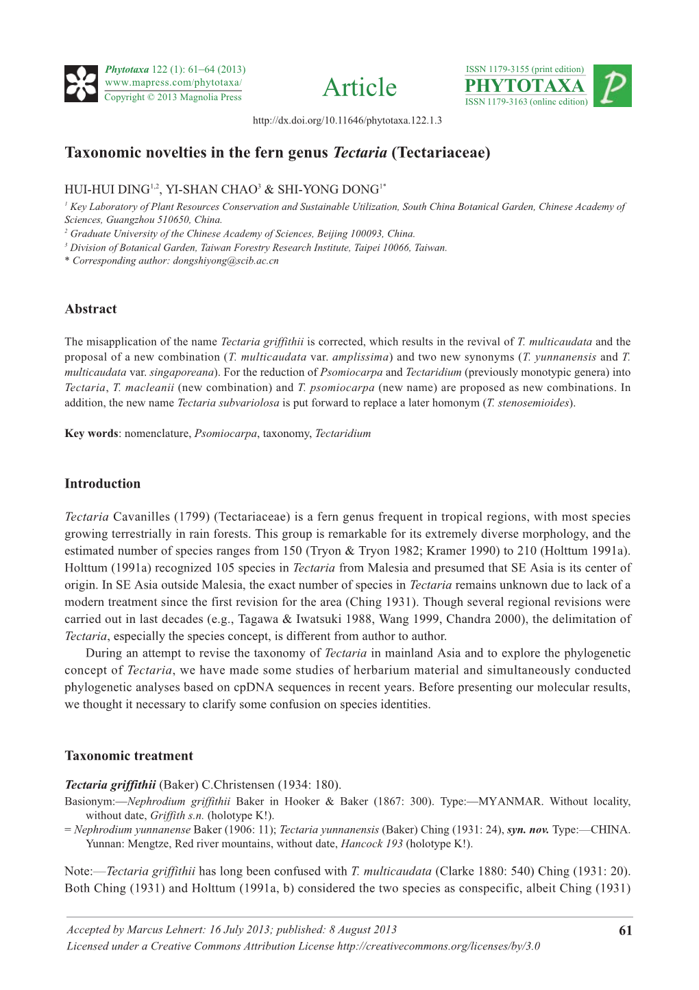 Taxonomic Novelties in the Fern Genus Tectaria (Tectariaceae)