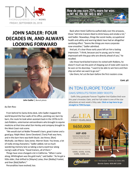 JOHN SADLER: FOUR Those "Old Time Trainers Liked to Drink Heavy and Smoke a Lot," Said Sadler