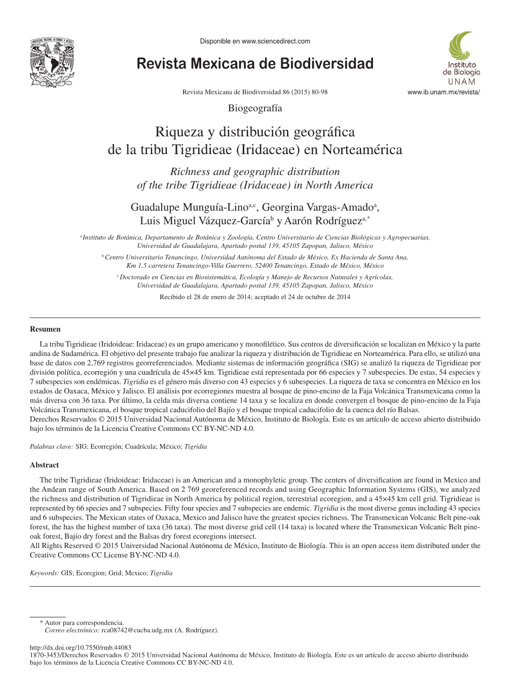 Riqueza Y Distribución Geográfica De La Tribu Tigridieae